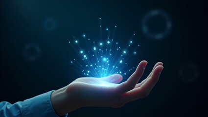 Flat Hand Operating Holographic Device to Design Futuristic Digital Wallpapers: A Simple Vector Illustration Showcasing Innovative Visuals on an Empty Space Background