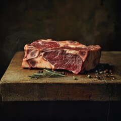 A fresh raw beef steak rests on a wooden cutting board, surrounded by seasoning, capturing the essence of gourmet culinary preparation and rustic charm.