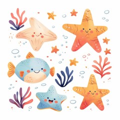 Adorable Cartoon Sea Life Illustration Starfish Pufferfish Coral Underwater Scene