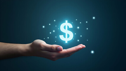 Showcasing Holographic Investment Mutual Funds: A Hand Presenting Innovative Financial Symbols Against a Minimalist Background for Stock Photo Concepts