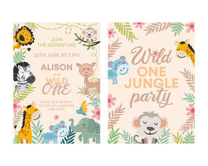 Naklejka premium Cute Jungle AnimalsFirst Birthday Clipart. Vector illistration.