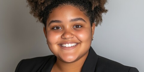 Young woman with curly hair smiles confidently, wearing a blazer against a neutral background in a professional setting