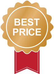 gold colored BEST PRICE award banner with red ribbon