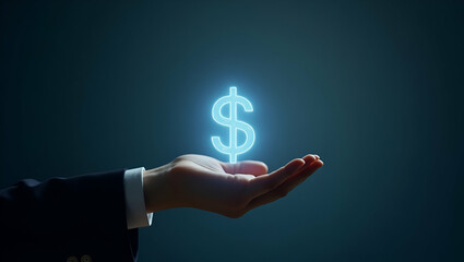 Hand presenting holographic investment banking jobs symbol representing investment banking jobs in empty space background concept as A hand showcases holographic investment banking jobs symbol illustr