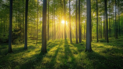 Obraz premium Sunlight Shining Through Tall Green Trees In A Lush Forest