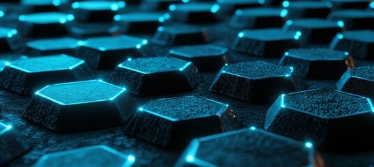 Obraz premium Cyber Hexagon Surface, Futuristic Illuminated Geometric Grid with Glowing Blue Tiles. 3D Render