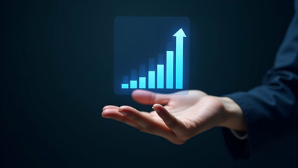 Hand presenting holographic scalability icon symbolizing yield return scalability in financial management within empty space background concept as A hand showcases a holographic scalability icon repre