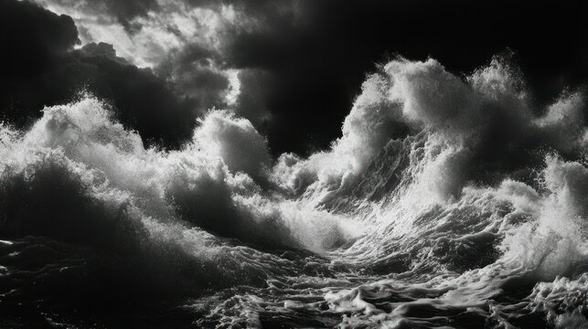 Dramatic black and white image of large ocean storm waves