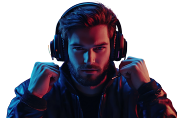 A Determined Gamer, Headphones On, Ready For The Challenge, Illuminated By Vibrant Red And Blue Lighting Isolated on Transparent Background