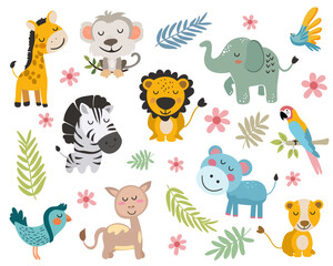 Naklejka premium Cute Jungle Animals Clipart. Set. Vector illistration.