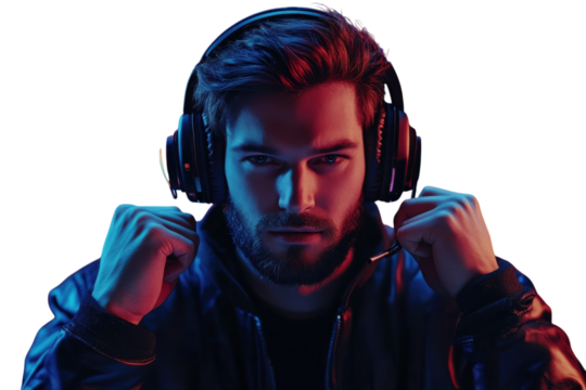 A Determined Gamer, Headphones On, Ready For The Challenge, Illuminated By Vibrant Red And Blue Lighting Isolated on Transparent Background