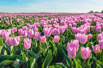 Pink flowering tulip bulbs at the edge of the long flower beds of a specialized Dutch bulb nursery. The photo was taken on a sunny day at the beginning of the spring season.