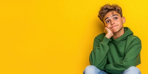 Young person in a green hoodie sitting against a bright yellow background with a thoughtful expression