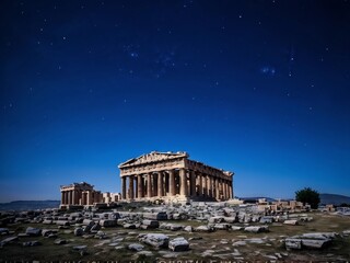 Obraz premium Ancient Greek Temple Under a Starry Night