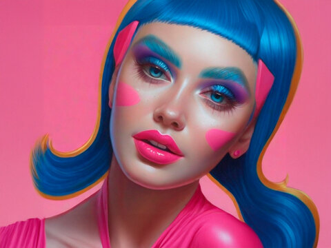 primer plano de mujer usando maquillaje exagerado, estilo por art , foto invadida por colores fuertes