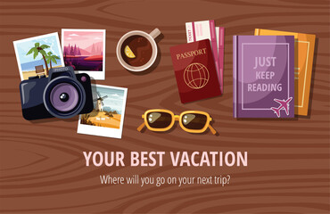 Accessories and items for traveling on the table in composition. Photo camera, photograph, books, glasses and passport.