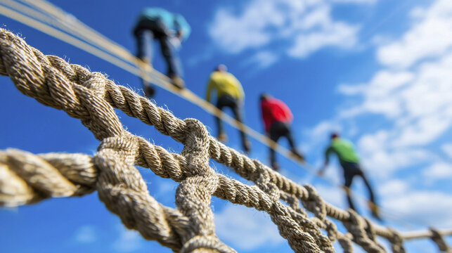 Dynamic outdoor team building activity with participants climbing rope structure against blue sky