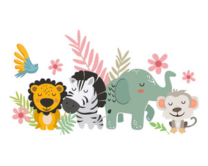 Cute Jungle Animals Clipart. Vector illistration.