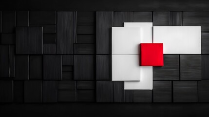 Abstract geometric pattern with black, white, and red squares on a dark background.