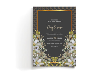 WEDDING INVITATION FRAME WITH FLOWER DECORATIONS AND FRESH LEAVES
