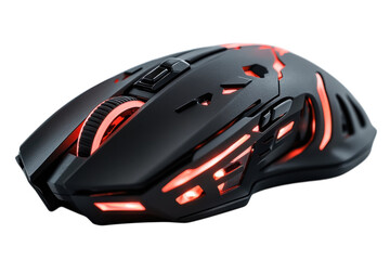 A Futuristic Gaming Mouse, Sleek And Black, Pulses With Vibrant Red Led Lights, Promising Intense...