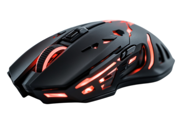 A Futuristic Gaming Mouse, Sleek And Black, Pulses With Vibrant Red Led Lights, Promising Intense Gameplay And Victory Isolated on Transparent Background
