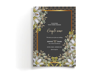 WEDDING INVITATION FRAME WITH FLOWER DECORATIONS AND FRESH LEAVES
