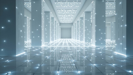 Obraz premium Flat Infuse AI inspired virtual nodes into seamless tile layouts integrating soft glow effects and crisp white contrast concept as Focus on futuristic digital aesthetics forming seamless branding back