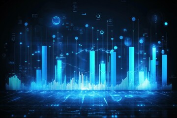 Blue digital data visualization with bar graphs and graphs representing analytics, growth, and technology trends in a futuristic style