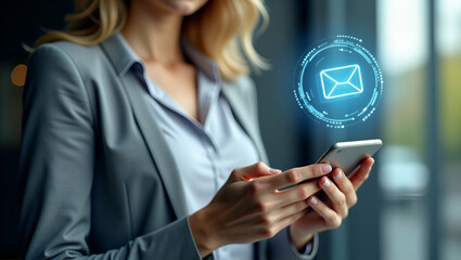 Enhancing Workplace Communication: Flat Woman with Smartphone Illustrates Email Efficiency & Engagement