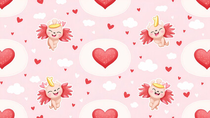 Valentine hearts and cupids seamless tile pattern with playful elements and bright pink tones for cheerful decor concept as Playful hearts and cupids with bright pink tones arranged seamlessly for che