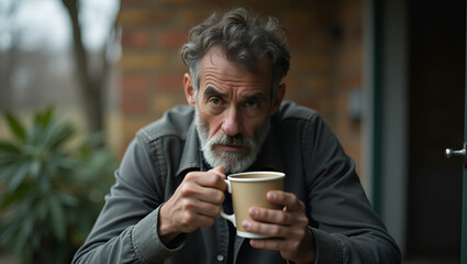 Fototapeta premium A Somber Yet Hopeful Illustration of a Homeless Man with a Paper Mug: Capturing the Essence of Poverty, Nostalgia, and the Urgent Need for Societal Support