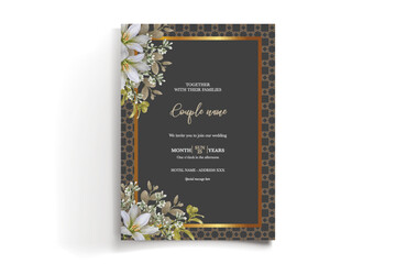 WEDDING INVITATION FRAME WITH FLOWER DECORATIONS AND FRESH LEAVES