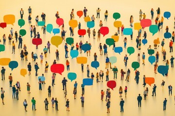 Diverse group of people interacting, with colorful speech bubbles, representing communication, collaboration, and community empowerment in a vibrant setting