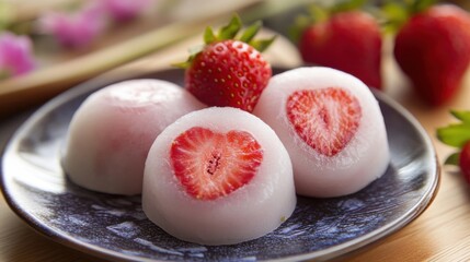 Strawberry mochi delights on ceramic plate with fresh strawberries