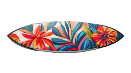 Surfboard with colorful tropical leaves and flowers painting on transparent background