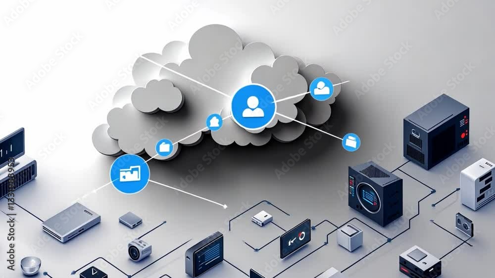 Poster exploring cloud computing concepts with user-centric icons over a grey background