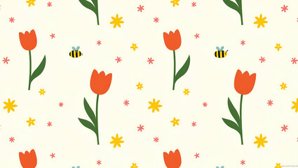 Vibrant Easter Tulips and Bees: A Seamless Tile Pattern Featuring Lively Spring Elements in a Cute Flat Vector Illustration for Smart Business Designs