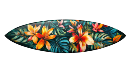 Surfboard with colorful tropical flowers and leaves on transparent background