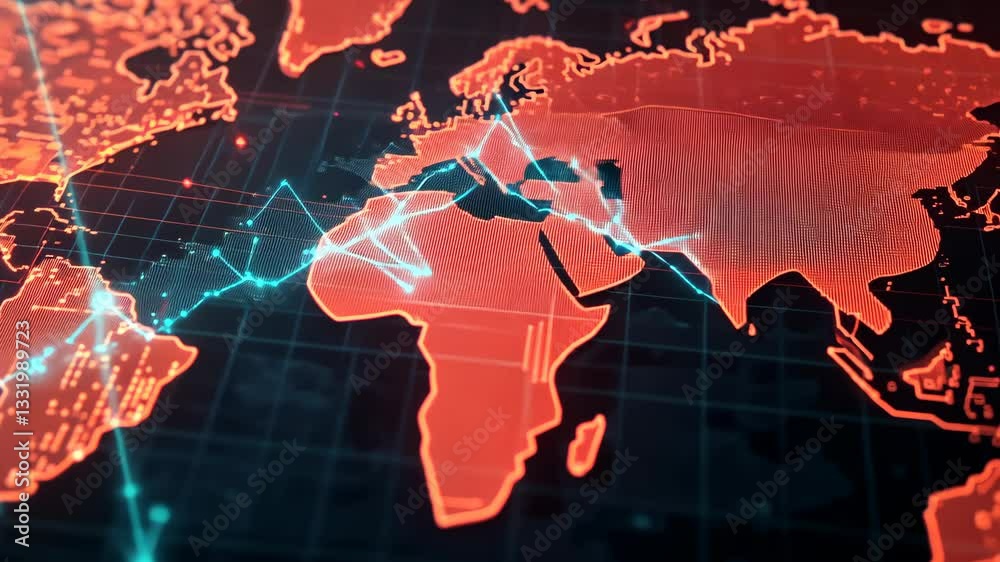 Poster a detailed overview of a digital map displaying interconnected regions across the globe, emphasizing