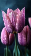 Close-up of dew-kissed pink tulip on dark background with water droplets