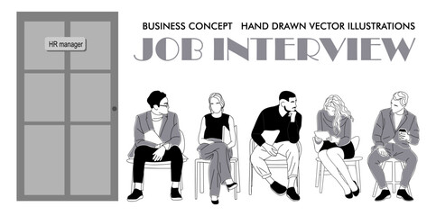 Obraz premium Set Of different Business People Sitting on office chairs In Line near door, Waiting For Job Interview. Human Resources Concept. Vector outline hand drawn illustration Isolated