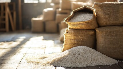 Rice sacks, sunlight, warehouse interior
