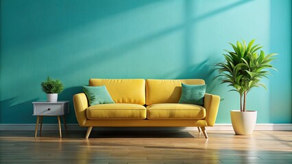 A 3D-rendered, photorealistic image showcases a yellow sofa against a turquoise background, accented by a potted plant.
