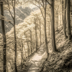 Fototapeta premium Sunlit path through beech forest, hillside background, nature photography, ideal for travel brochures