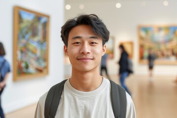 Portrait of young smiling Asian student standing in art gallery looking at camera, paintings hanging behind, copy space. Concept Exhibitions and Performances, culture, education, cultural exchange