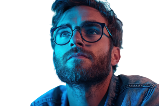 A Pensive Young Man With A Beard, Gazing Upward, Lost In Thought Under A Cool Blue And Red Light, Wearing Glasses Isolated on Transparent Background - Powered by Adobe