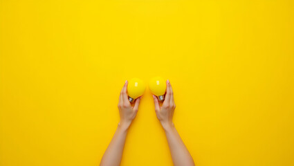 Fototapeta premium Flat Hands Holding Light Bulbs on Yellow Background: A Creative Illustration Symbolizing Innovation and Ideas for Workplace Success and Productive Brainstorming Sessions