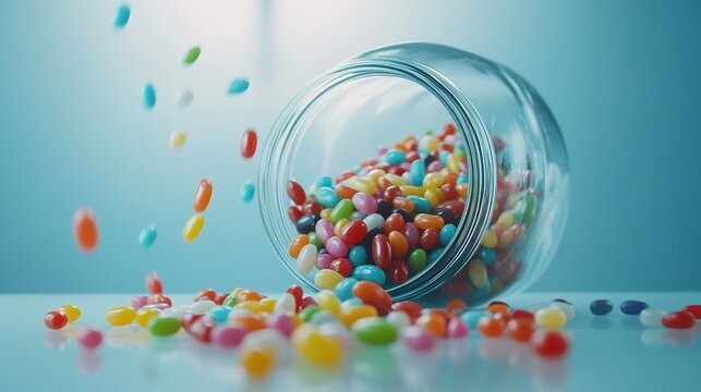 Colorful jelly beans spill from jar on blue surface
