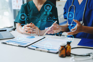 AI, deep learning, and digital healthcare advancements.Medical worker with virtual medical...